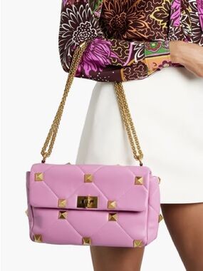 Valentino Garavani Pink Quilted Shoulder Bag with Gold Studs